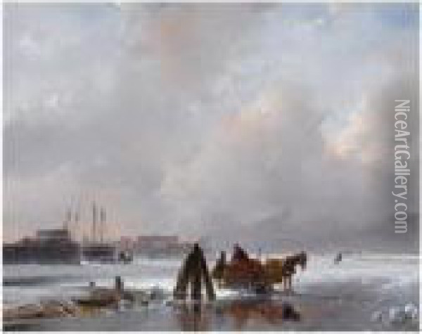 A Horse-drawn Sledge Near A Frozen Harbour Oil Painting - Andreas Schelfhout