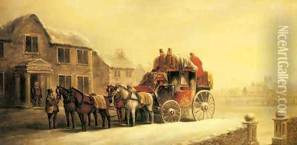 A Coach Outside an Inn in Winter Oil Painting - John Charles Maggs