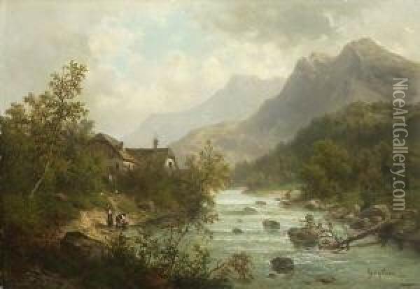 Gebirgslandschaft Mit
 Fluss. Oil Painting - Karl Julius Rose
