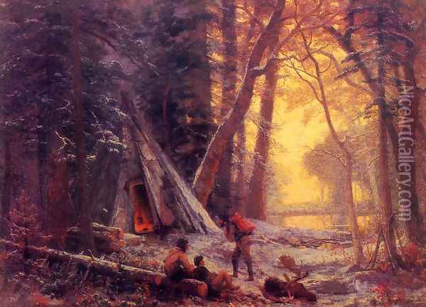 Moose Hunters' Camp Oil Painting - Albert Bierstadt
