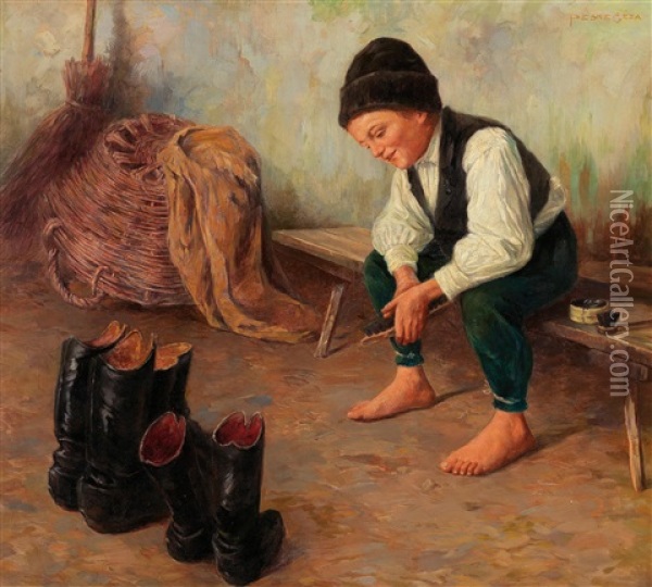The Shoe Cleaner Oil Painting - Geza Peske