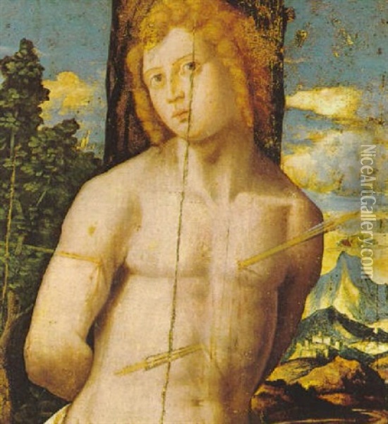 Der Heilige Sebastian In Einer Gebirgigen Landschaft, Rechts Im Hintergrund Die Stadt Conegliano Oil Painting - Giovanni Battista Cima da Conegliano