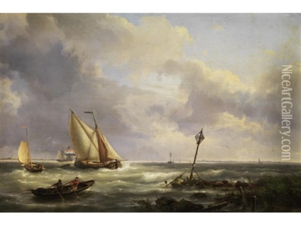 Segelschiffe Auf Bewegten Wogen Am Ufer Oil Painting - Hermanus Koekkoek the Elder