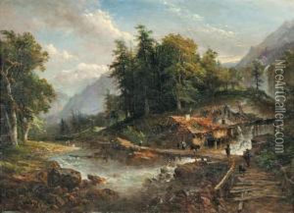 Riviere Et Cascade Descendant A Travers Lamontagne Oil Painting - Louis Etienne Watelet