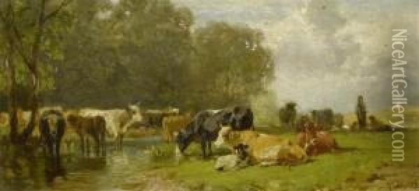 Cows In A Meadow. Oil Painting - Ludwig Gustav Voltz