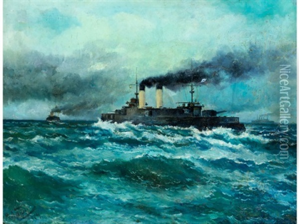 Russisches Kriegsschiff Auf Hoher See Oil Painting - Michel Lattry