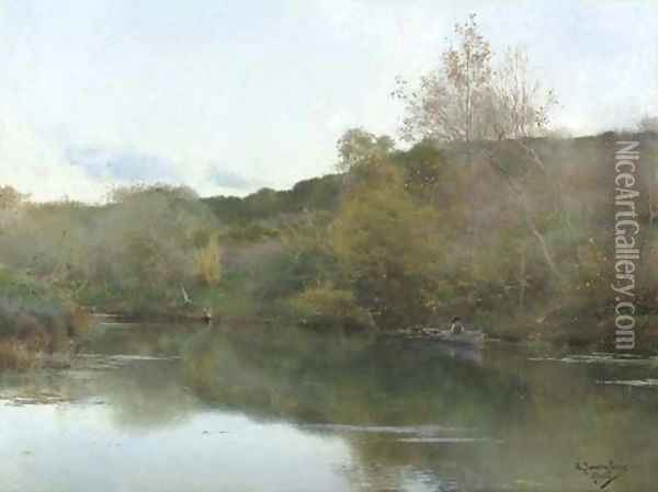 A Tranquil River Landscape Oil Painting - Emilio Sanchez-Perrier