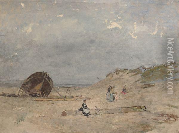 Bateau En Carene, Plage Et Les Dunes. Oil Painting - Edmond Marie Petitjean