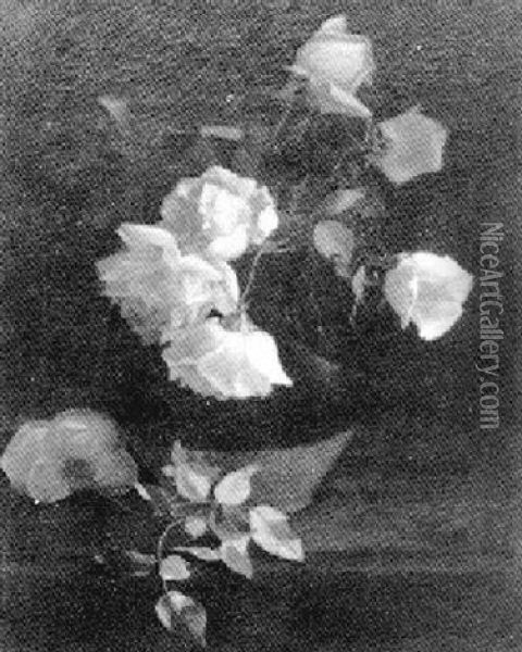 Roses In A Brown Jug Oil Painting - Mary Augusta Hiester Reid