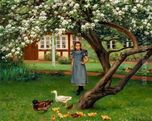 A Young Girl Standing Under An Apple Tree In Bloom Oil Painting - Hans Andersen Brendekilde