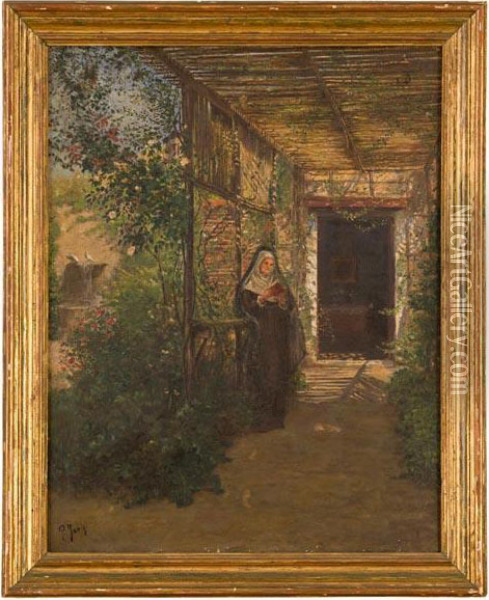 Monaca In Lettura Sotto Il Pergolato Oil Painting - Pio Joris