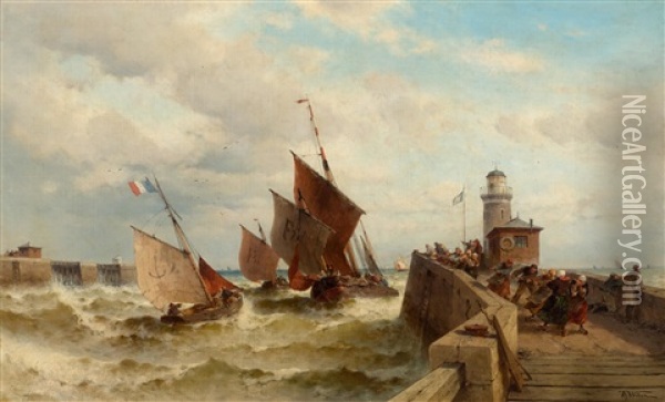 Storm In The Harbour Oil Painting - Theodor Alexander Weber
