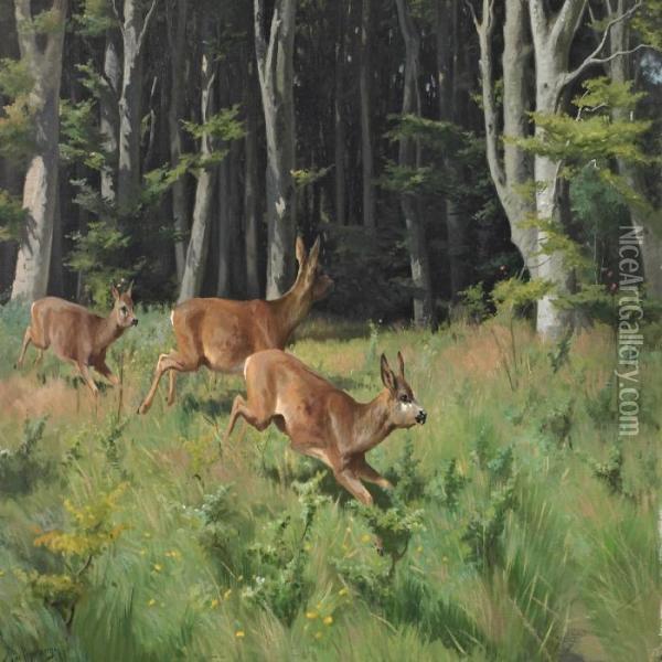 Deers At The Egde Ofthe Forrest Oil Painting - Adolf Henrik Mackeprang