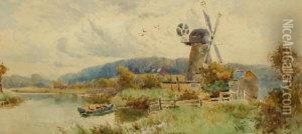 Roi Rws -- River Landscape With A
 Windmill; Watercolour, Bears Inscription Attached To The Reverse Of The
 Frame, 16x34cm Oil Painting - Thomas Lloyd