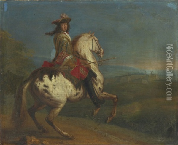 Portrait Of King Louis Xiv Mounted On A Charger Before The Town Of Charleroi Oil Painting - Adam Frans van der Meulen