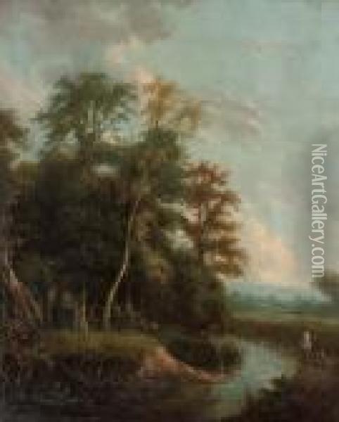 Anglers On A River Bank In An Evening Landscape Oil Painting - George Augustus Williams