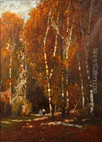 Figures Walking In Autumnal Woodlands Oil Painting - John Noble Barlow