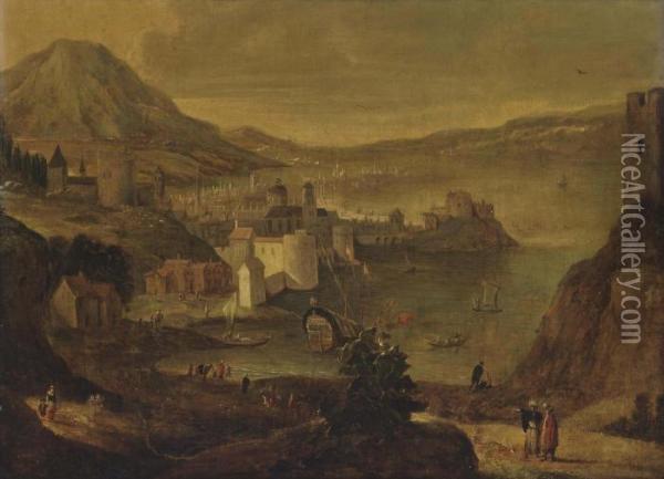 A Coastal Town With Figures, Mountains Beyond Oil Painting - Thomas Wyck