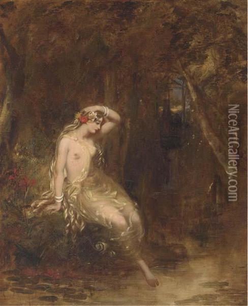 A Nymph At The Waters Edge Oil Painting - Alfred Joseph Woolmer
