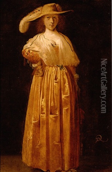 Portrait Of A Lady Wearing An Orange Silk Dress And A Silk Shawl Oil Painting - Pieter Jansz Quast