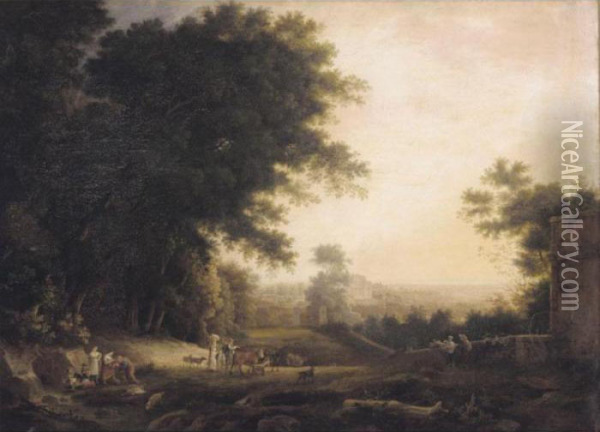 An Italianate Landscape With Figures Drinking From A Spring, A Villa Beyond Oil Painting - Claude Lorrain (Gellee)