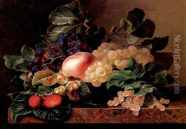 Grapes, Strawberries, a Peach, Hazelnuts and Berries in a Bowl on a marble Ledge Oil Painting - Johan Laurentz Jensen