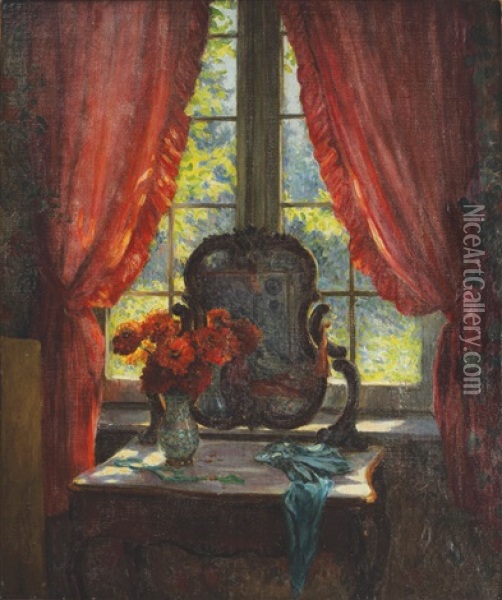 Interior With Mirror And Chrysanthemums Oil Painting - Nicolae Grant