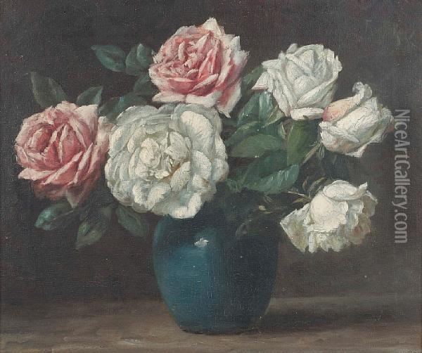 Still Life Of Roses In A Chinese Jar Oil Painting - Franz Kops