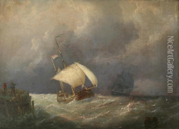 A Fishing Boat Off A Jetty In Squally Weather Oil Painting - Christiaan Dreibholtz