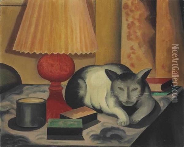 Cat And Lamp Oil Painting - George Copeland Ault