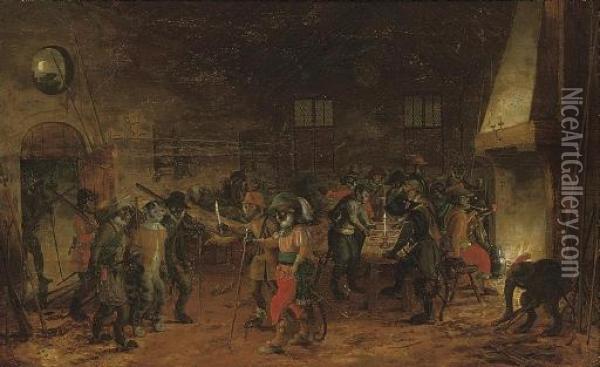 A 'singerie' With Monkeys In A Guardroom At Night Oil Painting - David The Younger Teniers