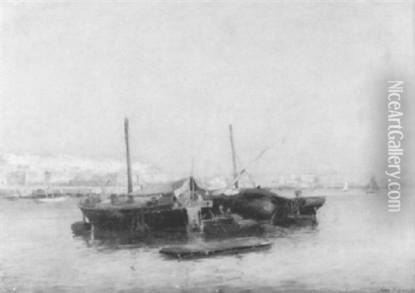 Mittelmeerhafen Mit Ankernden Fischerbooten Oil Painting - Jules Charles Rozier