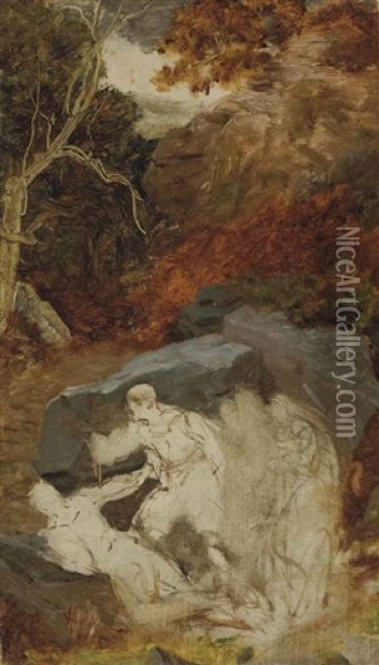 A Wooded Landscape With Figures Hiding By Rocks Oil Painting - Thomas Stothard