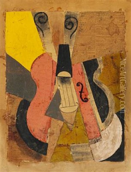 Cubist Composition With A Guitar, Paris Oil Painting - Thorvald Hellesen
