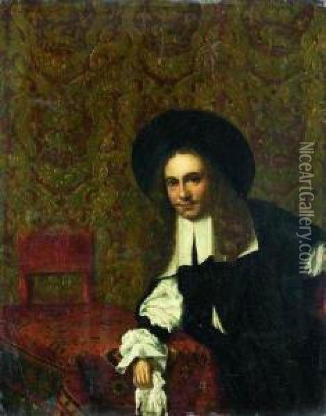 Portrait De Gentilhomme Accoude A Une Table Recouverte D'untapis Oil Painting - Eglon Hendrick Van Der Neer