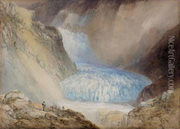 Glacier Du Rhone And The Garlingstock, Pass Of The Furca, Switzerland Oil Painting - William Callow