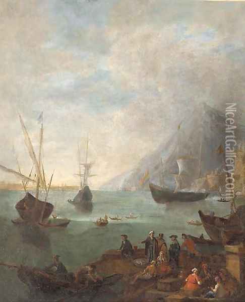 A Mediterranean coastal landscape with fishermen and other figures in the foreground Oil Painting - Adrian van der Cabel