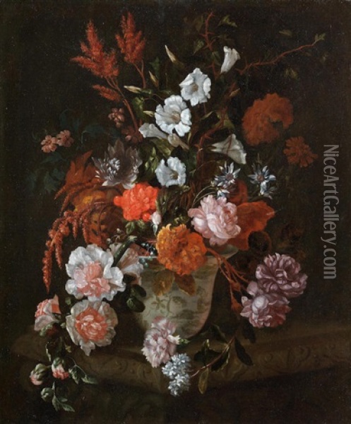 Roses, Carnations, Convolvulus And Other Flowers In A Vase On A Stone Ledge Oil Painting - Jean-Baptiste Monnoyer
