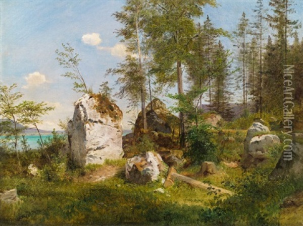 Uferlandschaft Bei Weisenbach Am Attersee Oil Painting - Ludwig Georg Eduard Halauska