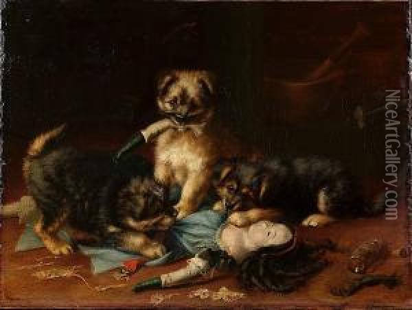 Puppies Playing With A Doll Oil Painting - Horatio Henry Couldery