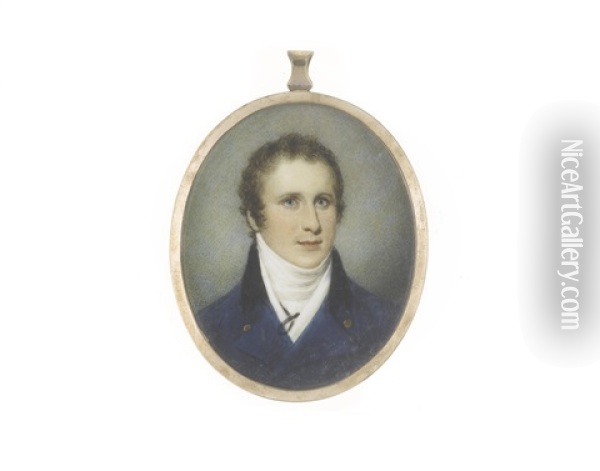 George Evans-freke, Mp (1772-1829), Wearing Blue Coat With Brass Buttons And Black Collar, White Waistcoat, Chemise And Stock, Black Ribbon Necktie Oil Painting - Samuel Shelley