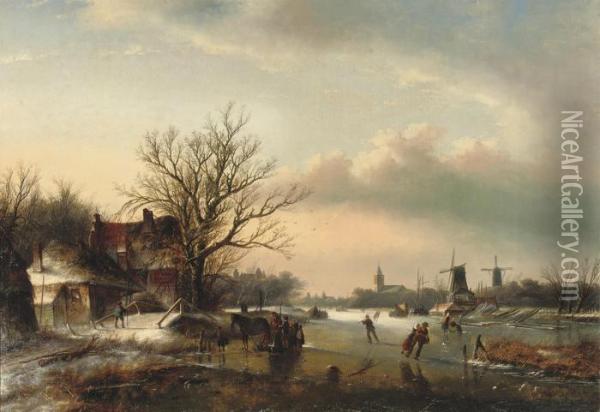 A Winter's Day With Skaters On The Ice And Windmills In Thedistance Oil Painting - Jan Jacob Coenraad Spohler