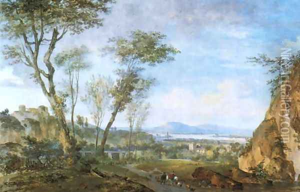 Riverside Landscape with Shepherds and Flocks Oil Painting - Louis-Gabriel Moreau the Elder