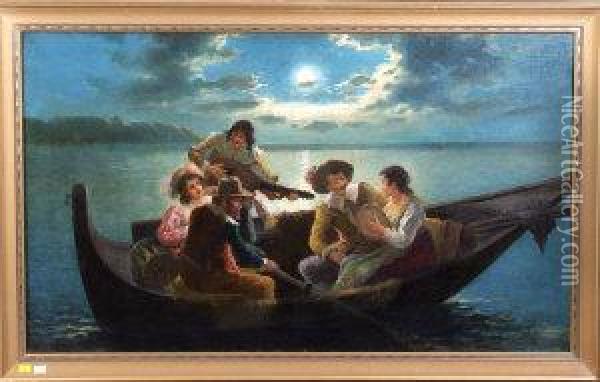 Five Musicians In A Gondola On A Moonlit Sea Oil Painting - Constantin