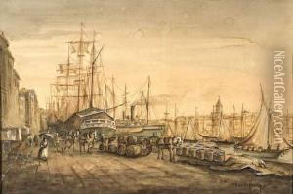Le Dechargement Des Tonneaux A Marseille. Oil Painting - Emile Henry