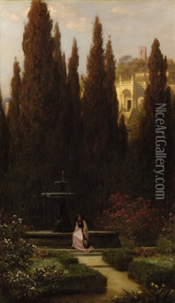 Lautenspielerin Am Brunnen, Im Hintergrund Zypressen Vor Einem Italienischen Palazzo Oil Painting - Rudolf Schick