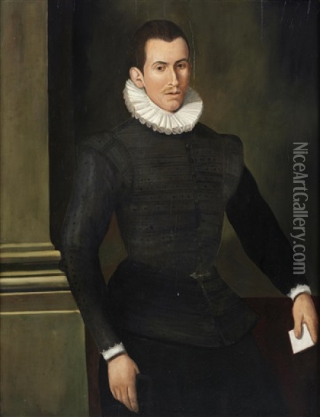 Portrait Of A Gentleman, Three-quarter-length, In A Black Embroidered Tunic Oil Painting - Francesco del Rossi (Salviati)