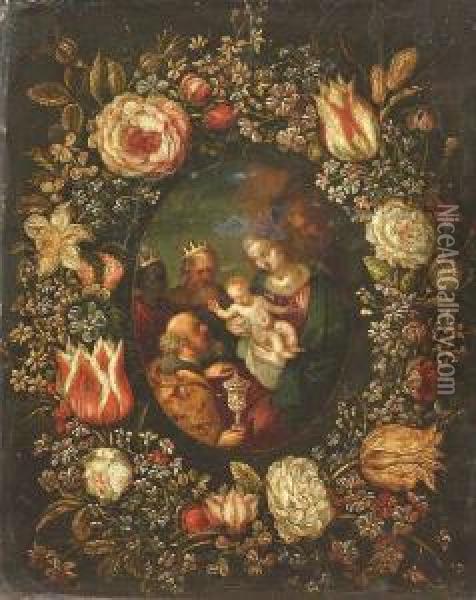 A Girdle Of Flowers Around A Medallion With The Adoration Of The Three Magi. Oil Painting - Andries Daniels