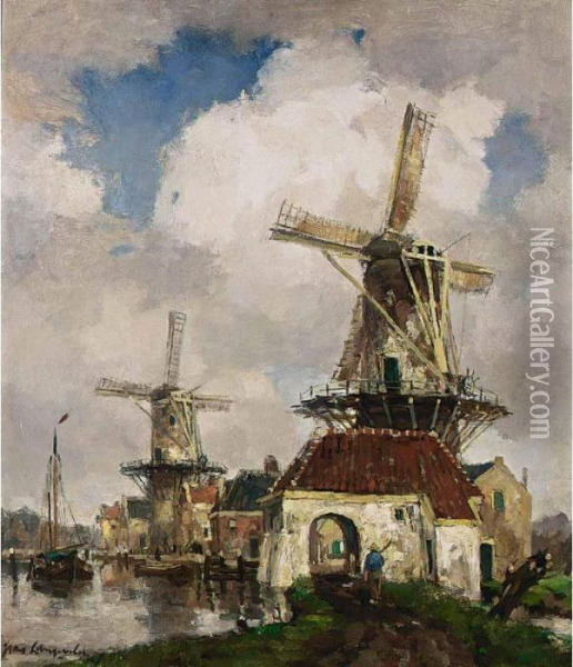 Windmills Along A Waterway Oil Painting - Frans Langeveld