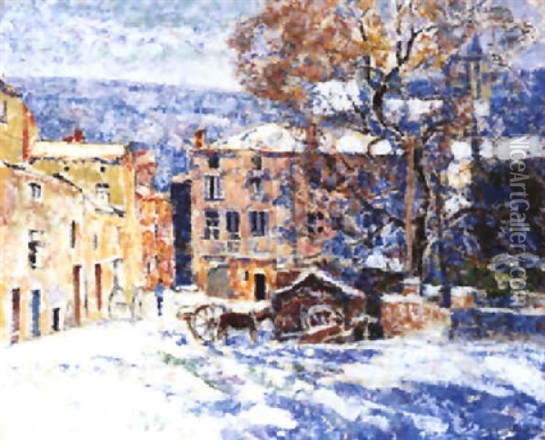 Silhouette Sur Une Place De Village Enneigee Oil Painting - Victor Charreton